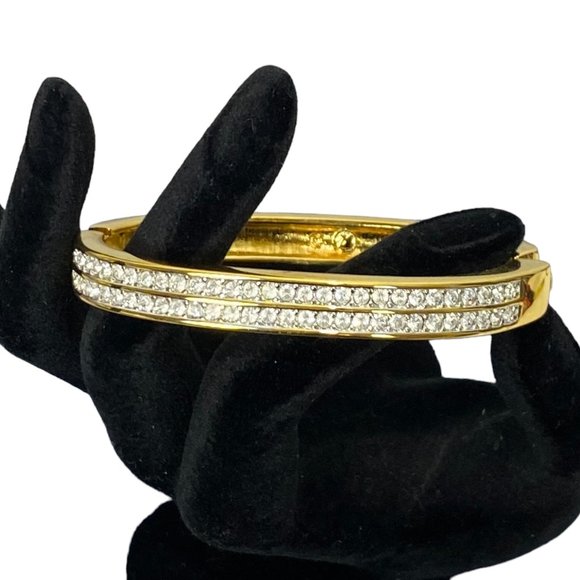 (3-085) Shiny Costume Gold Bracelet with Two Rows of Rhinestones - Picture 3 of 7